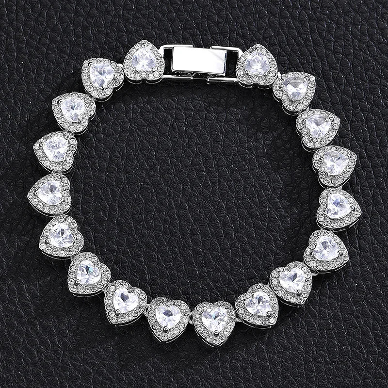 45CM New Hip Hop Tennis Chain Bracelet Necklace Shiny Heart Rhinestone CZ Fashion Rock Party Jewelry