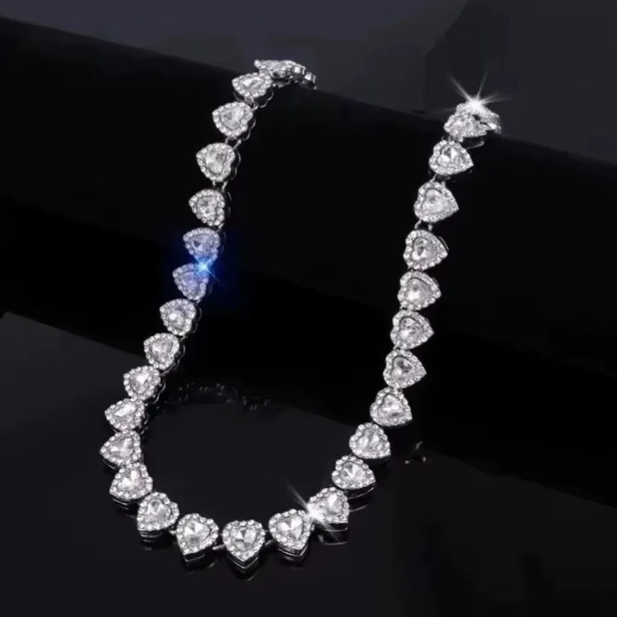 45CM New Hip Hop Tennis Chain Bracelet Necklace Shiny Heart Rhinestone CZ Fashion Rock Party Jewelry