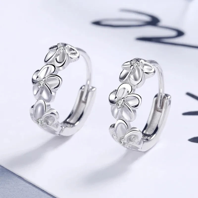 925 Sterling Silver Needle Earrings Crystal Zircon Flower  Stud