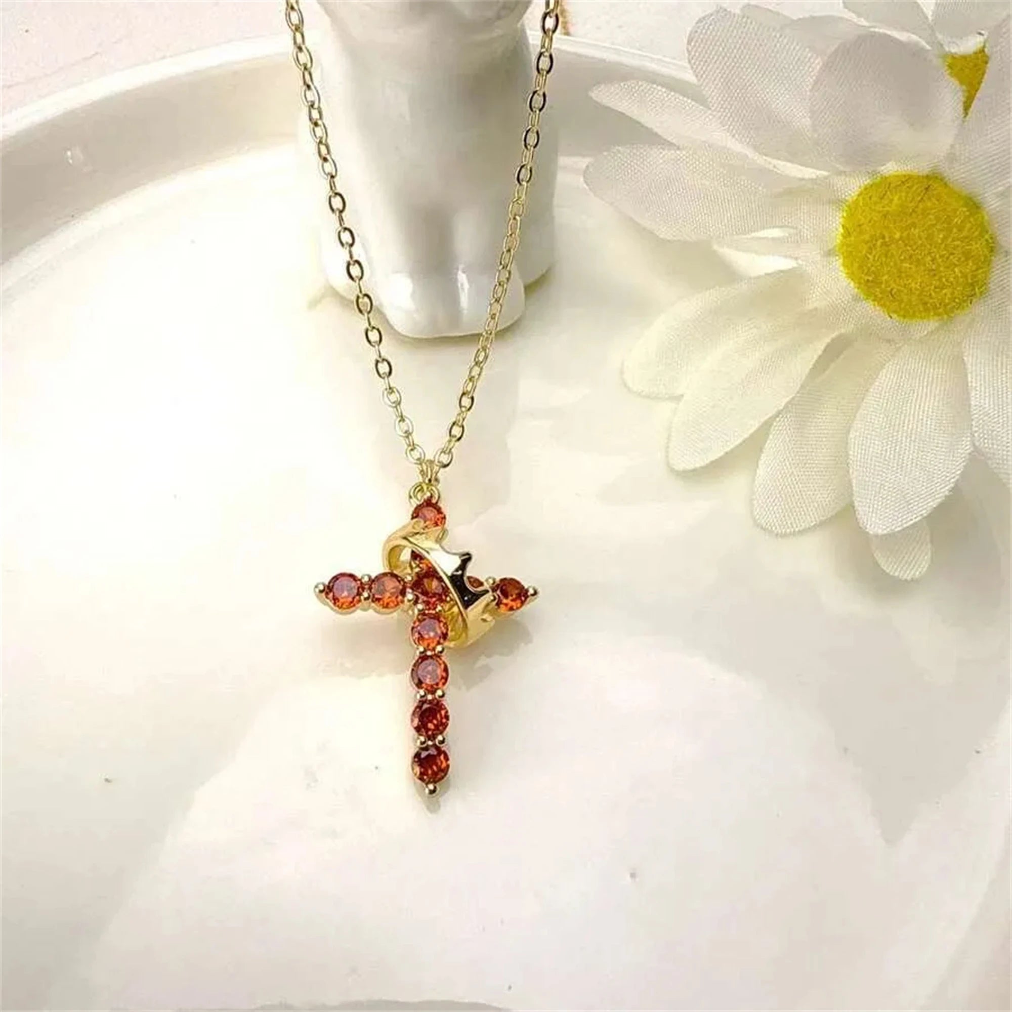 Crown Cross Necklace 14K Gold Plated Diamond Pendant