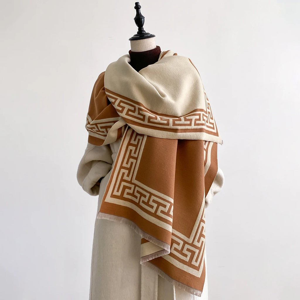 Women Geometry Print Pashmina Shawl Warm Cashmere Scarves Luxury Winter Thick Blanket Bufanda Female Wrap Bandana Echarpe Poncho