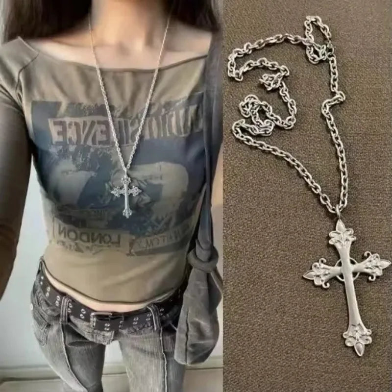 Gothic Rose Cross Pendants Necklace for Women Silver Cross Choker Y2k Hip Hop Necklace Sweater Chain Gifts