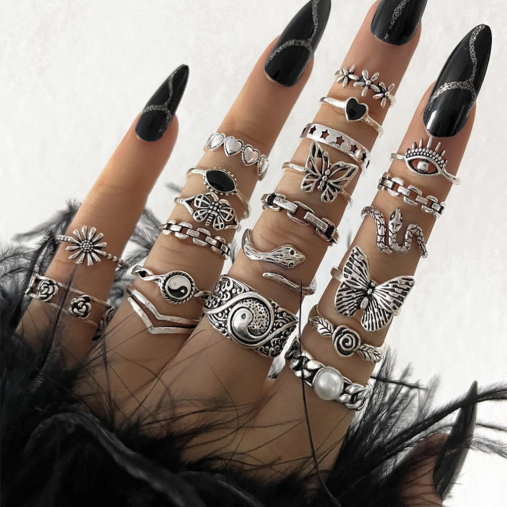 Ring Set, Snake Elephant Enamel Heart Leaf Flower Geometric Design