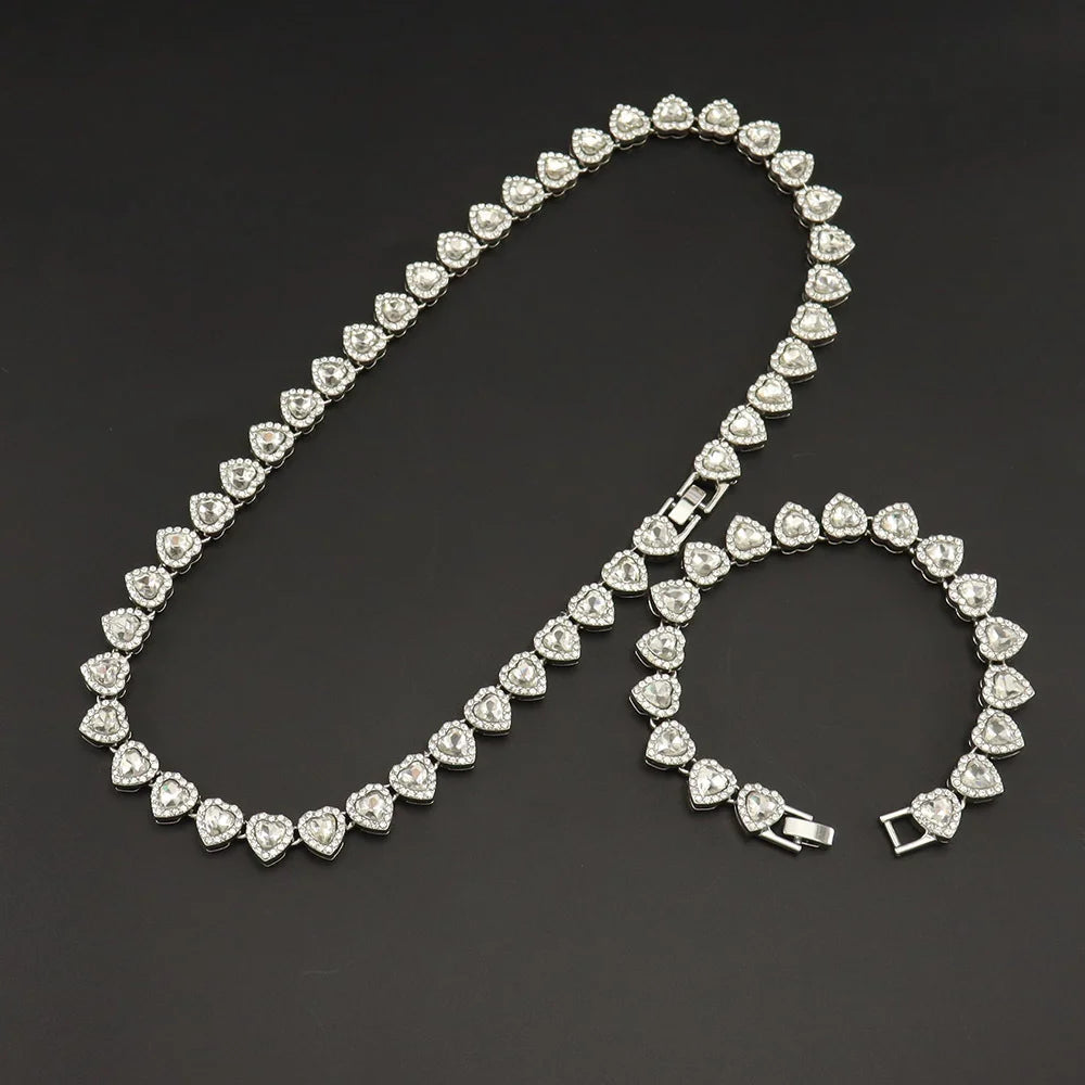 45CM New Hip Hop Tennis Chain Bracelet Necklace Shiny Heart Rhinestone CZ Fashion Rock Party Jewelry