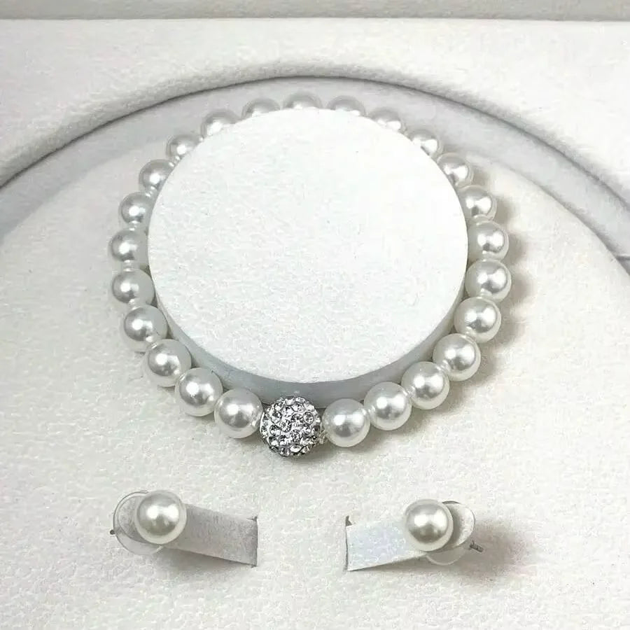 Faux Pearl Necklace Bracelet Earring Stud Jewelry Set