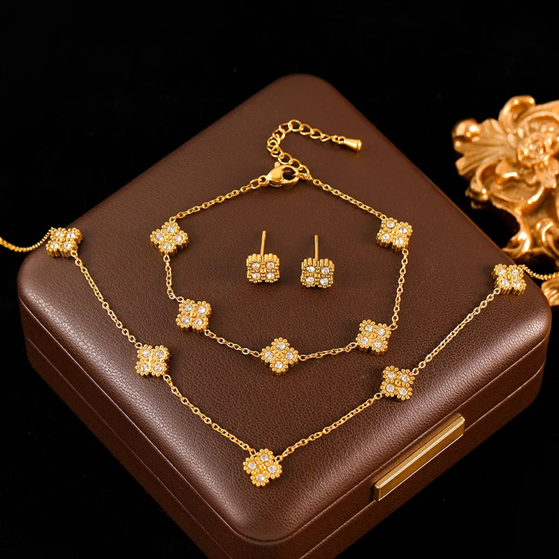 Clover Zircon Necklace Bracelet Earrings Set