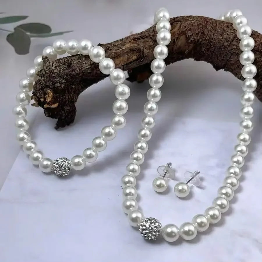 Faux Pearl Necklace Bracelet Earring Stud Jewelry Set