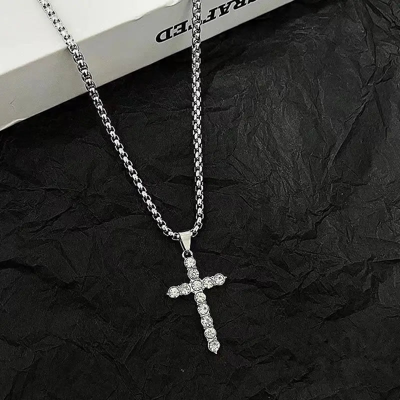 Titanium  Cross Necklace Rhinestone Pendant Chain,