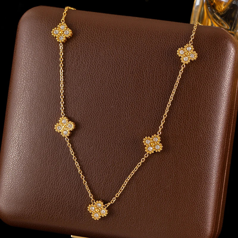 Clover Zircon Necklace Bracelet Earrings Set