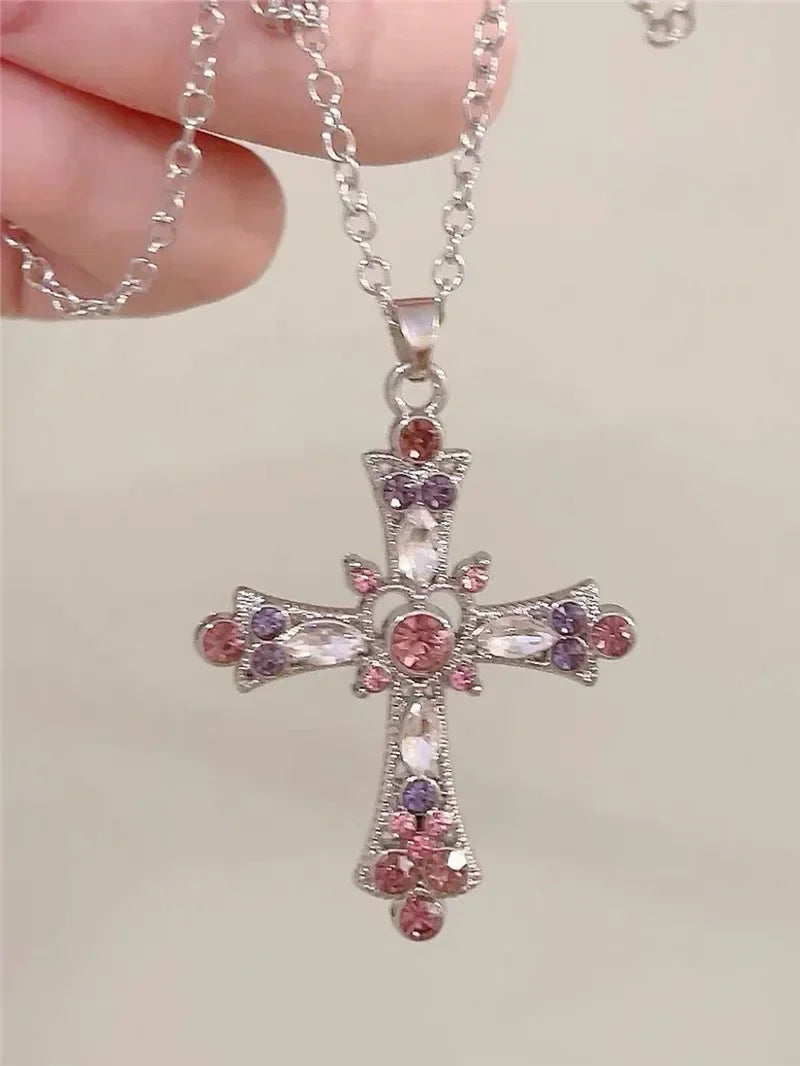 Cross  Pink Purple Zircon Necklace