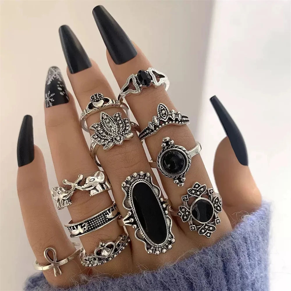 20Pcs Vintage Bohemia Black Rings Set