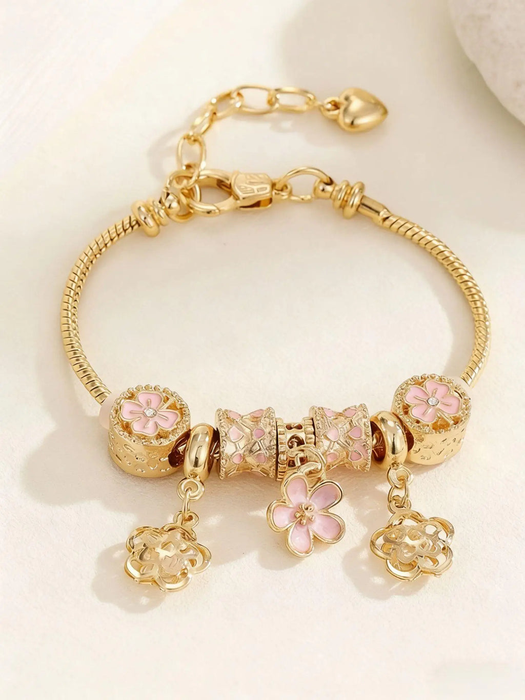 Pink Flower Charm Bracelet  Gold Color Beaded Adjustable