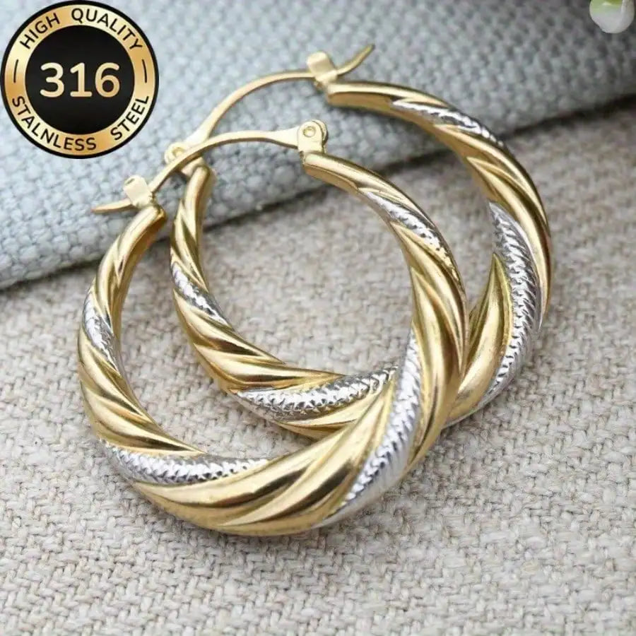 Stainless Steel Two-tone Twisted Hoop Earrings,