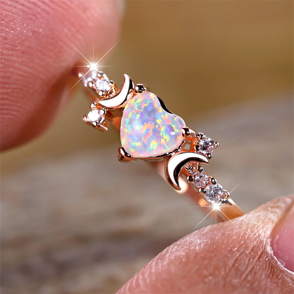 White Fire Opal Heart Stone Ring Rose Gold Silver Color