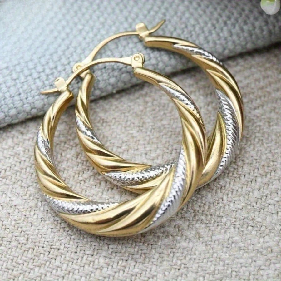 Stainless Steel Two-tone Twisted Hoop Earrings,