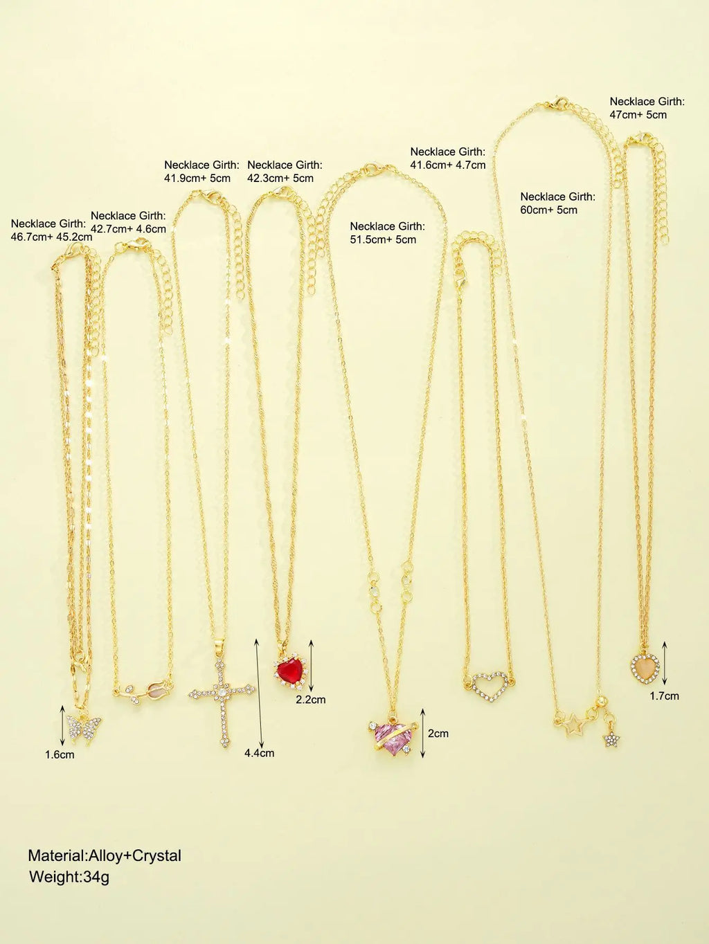 8Pcs Gold Plated Crystal Pendant Necklace Set