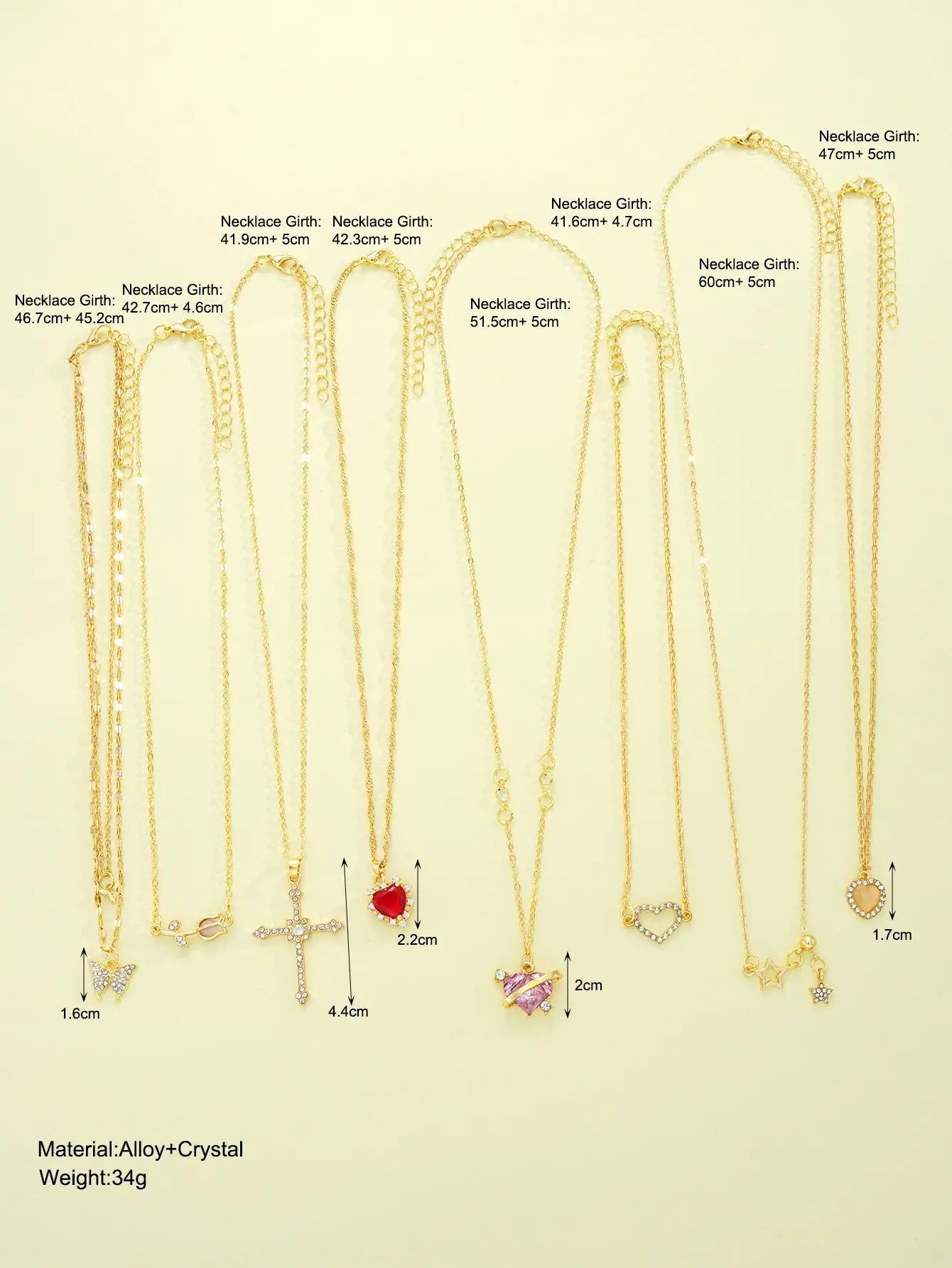 8Pcs Gold Plated Crystal Pendant Necklace Set