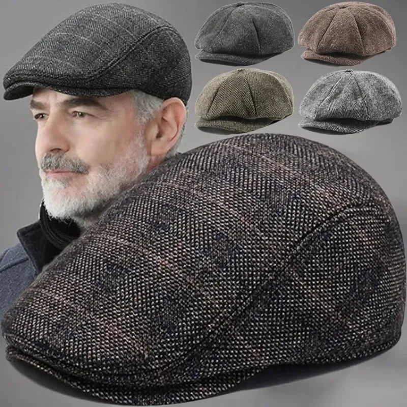 Retro Beret Wool Blend Vintage Herringbone Tweed