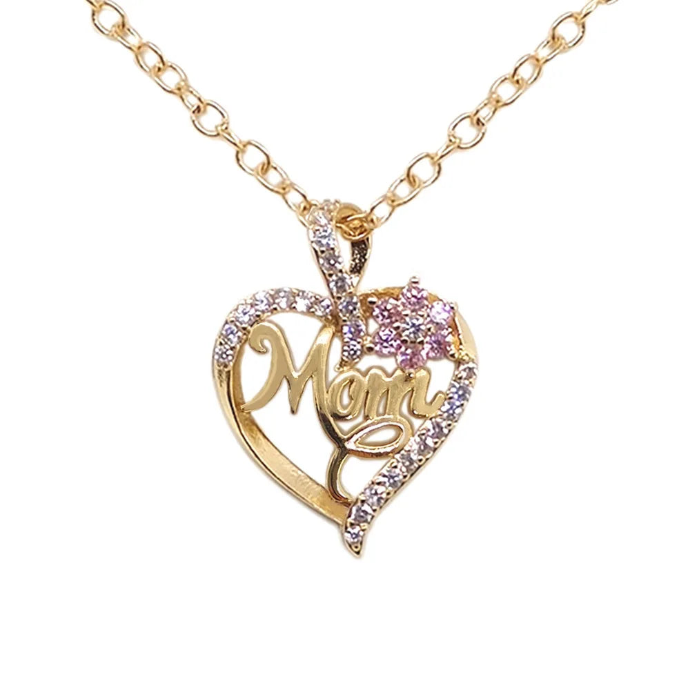 Mom Heart Necklace, Rhinestone Heart Pendant