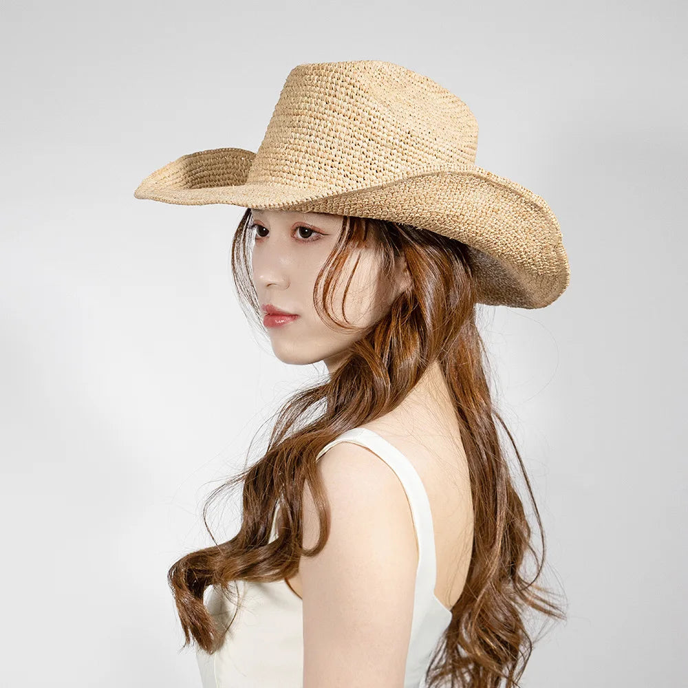 Hand-crocheted Natural Raffia Straw Cowboy Hat