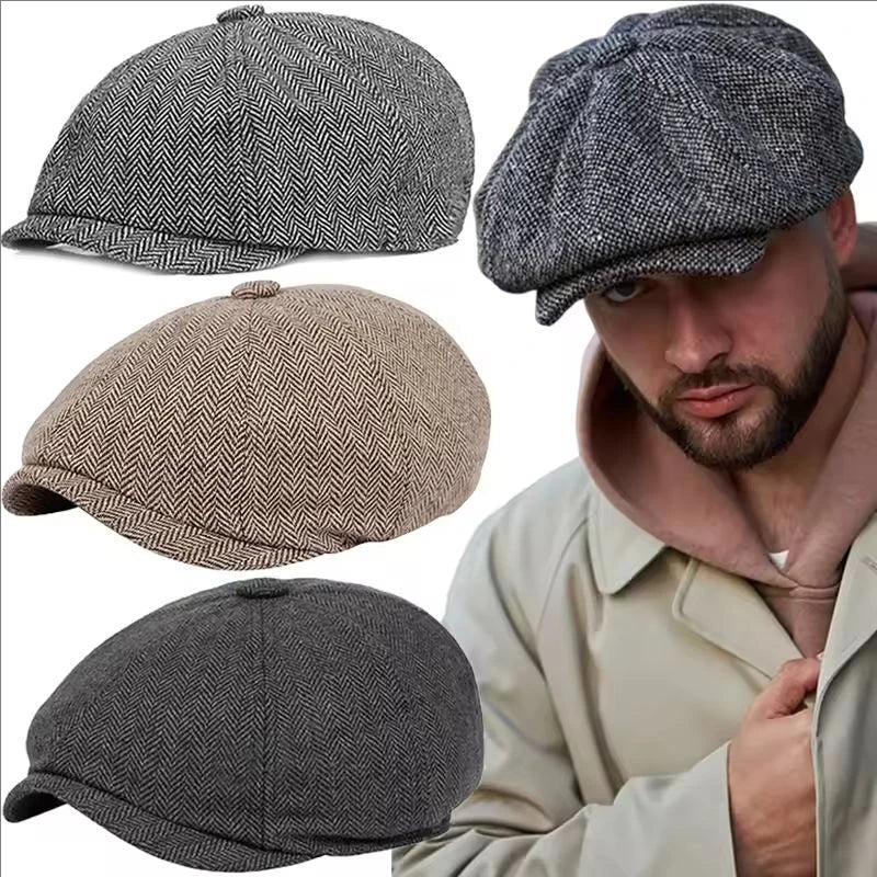 Retro Beret Wool Blend Vintage Herringbone Tweed