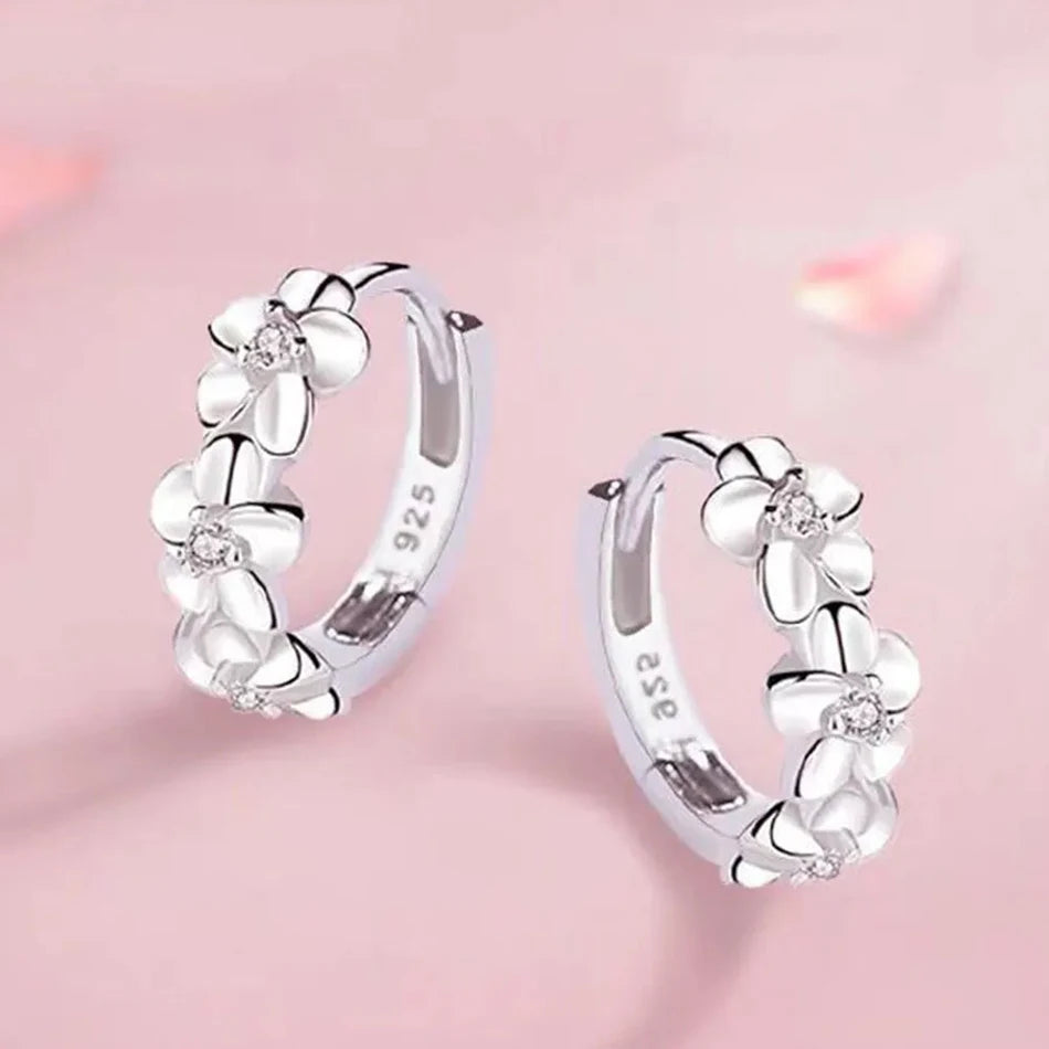 925 Sterling Silver Needle Earrings Crystal Zircon Flower  Stud