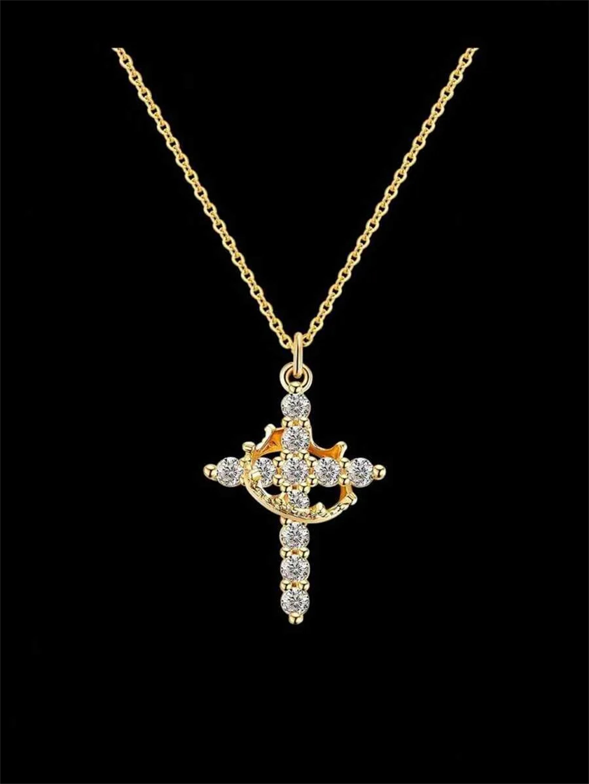 Crown Cross Necklace 14K Gold Plated Diamond Pendant