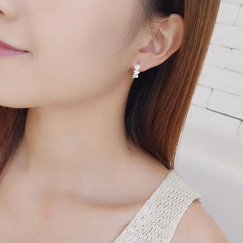 925 Sterling Silver Needle Earrings Crystal Zircon Flower  Stud
