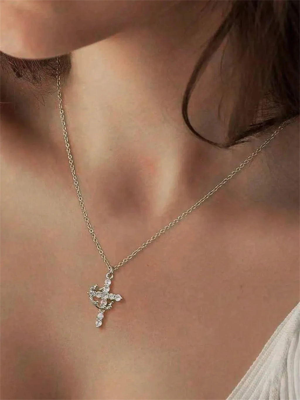 Crown Cross Necklace 14K Gold Plated Diamond Pendant