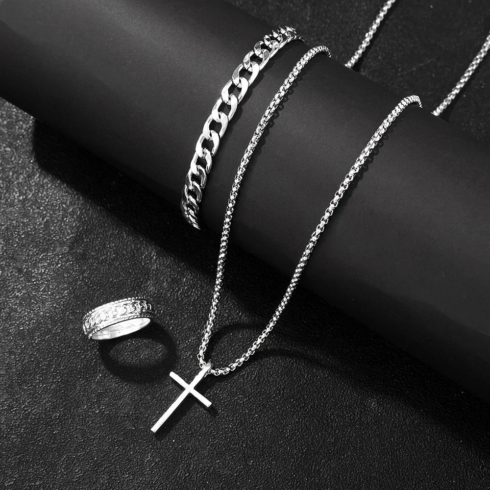 Stainless Steel Cross  Necklace  Cuban Link Bracelet  Engraved Band Ring