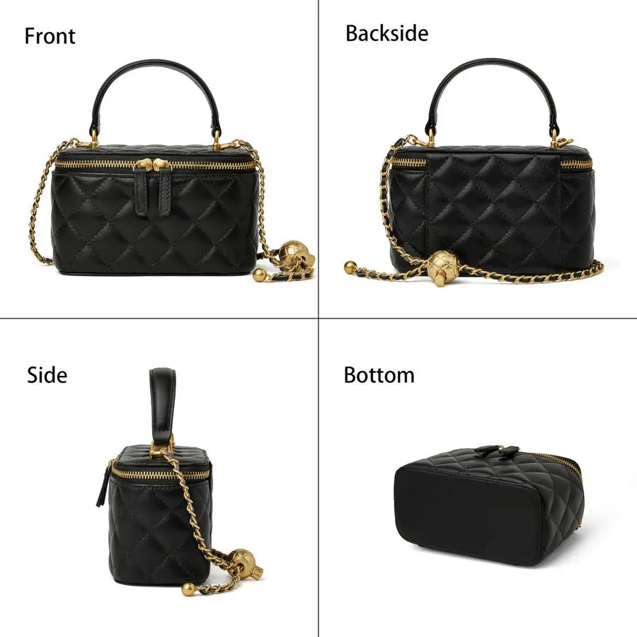Quilted Box Crossbody Purse For Women Designer Leather Mini Top Handle Pouch Bag With Metal Chain Strap
