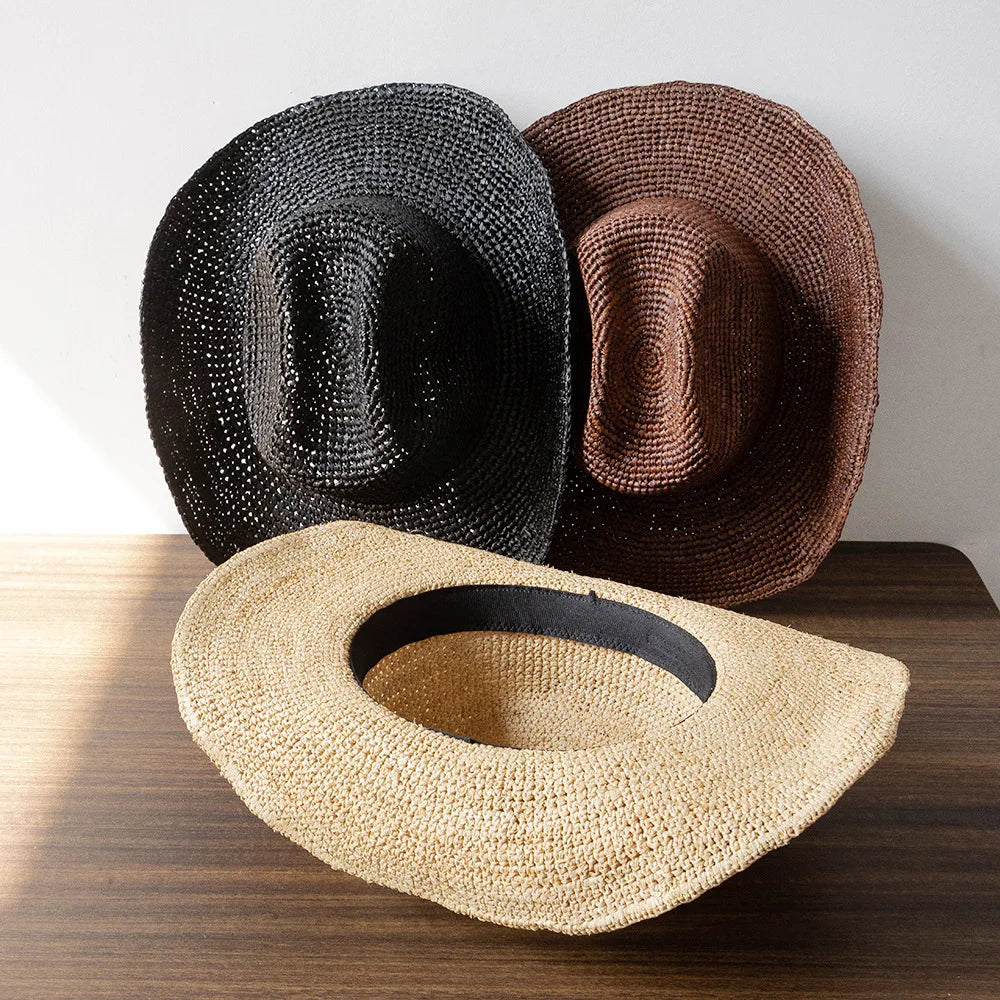 Hand-crocheted Natural Raffia Straw Cowboy Hat