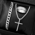 Stainless Steel Cross  Necklace  Cuban Link Bracelet  Engraved Band Ring