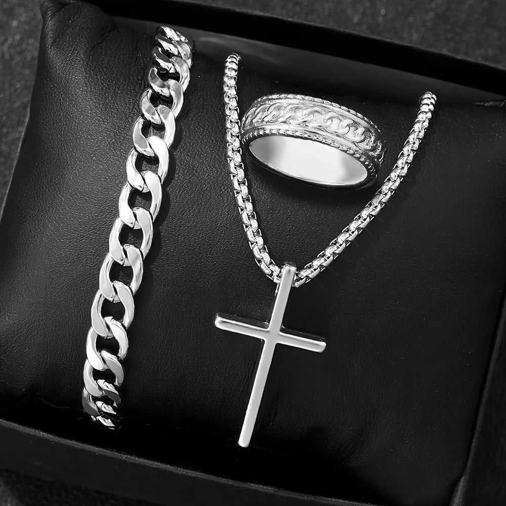 Stainless Steel Cross  Necklace  Cuban Link Bracelet  Engraved Band Ring
