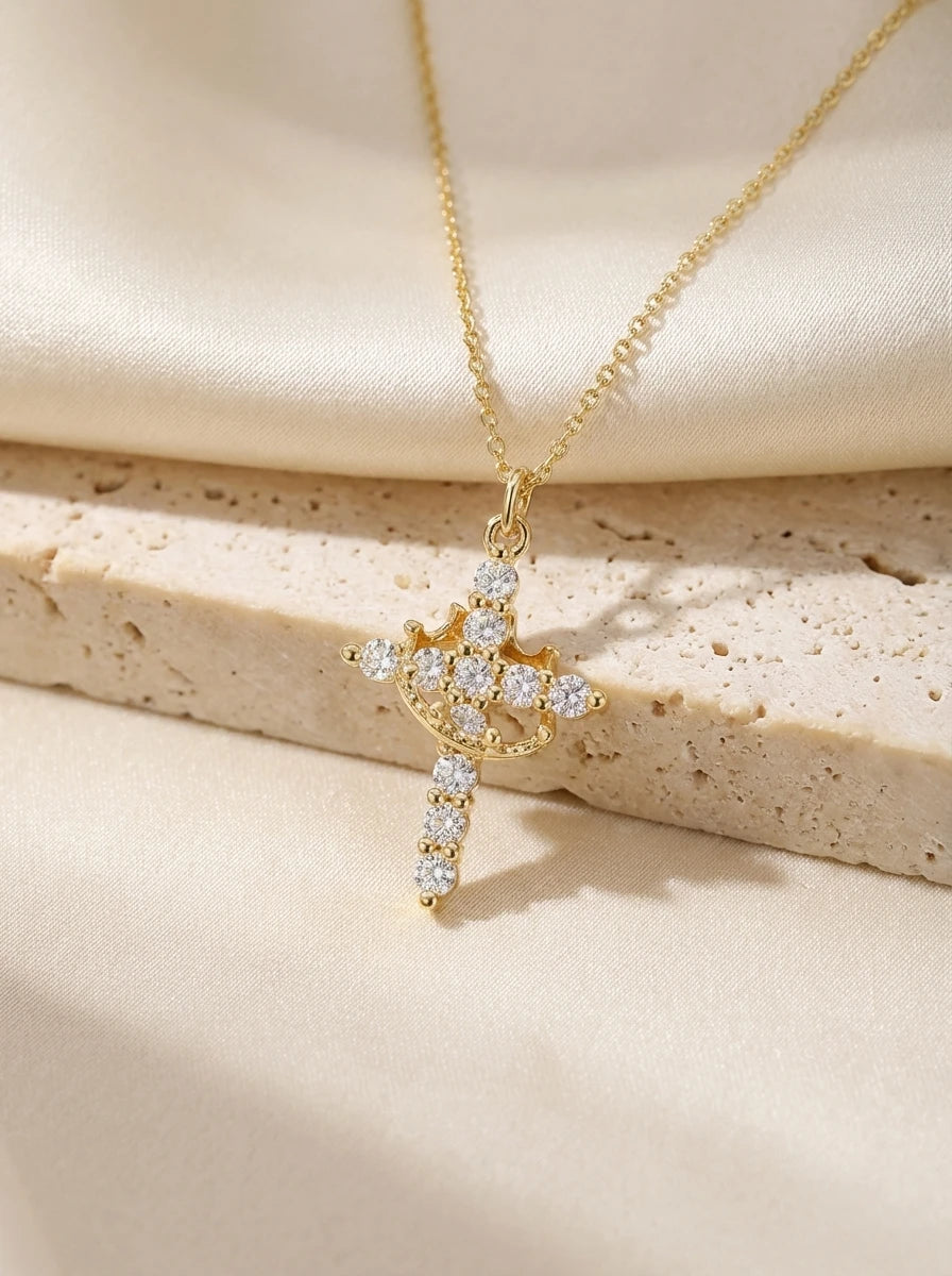 Pave Zircon Cross Necklace | Gold/Silver Dual-Tonei