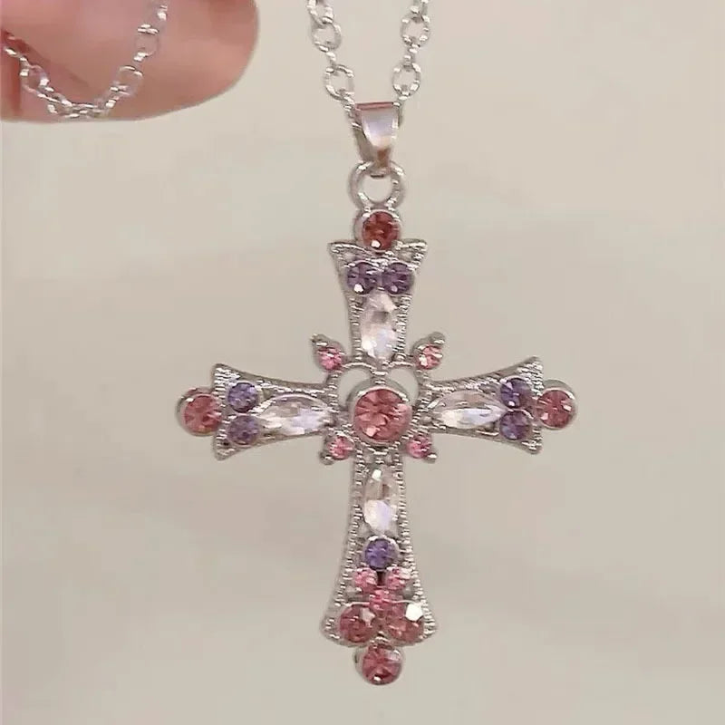 Cross  Pink Purple Zircon Necklace