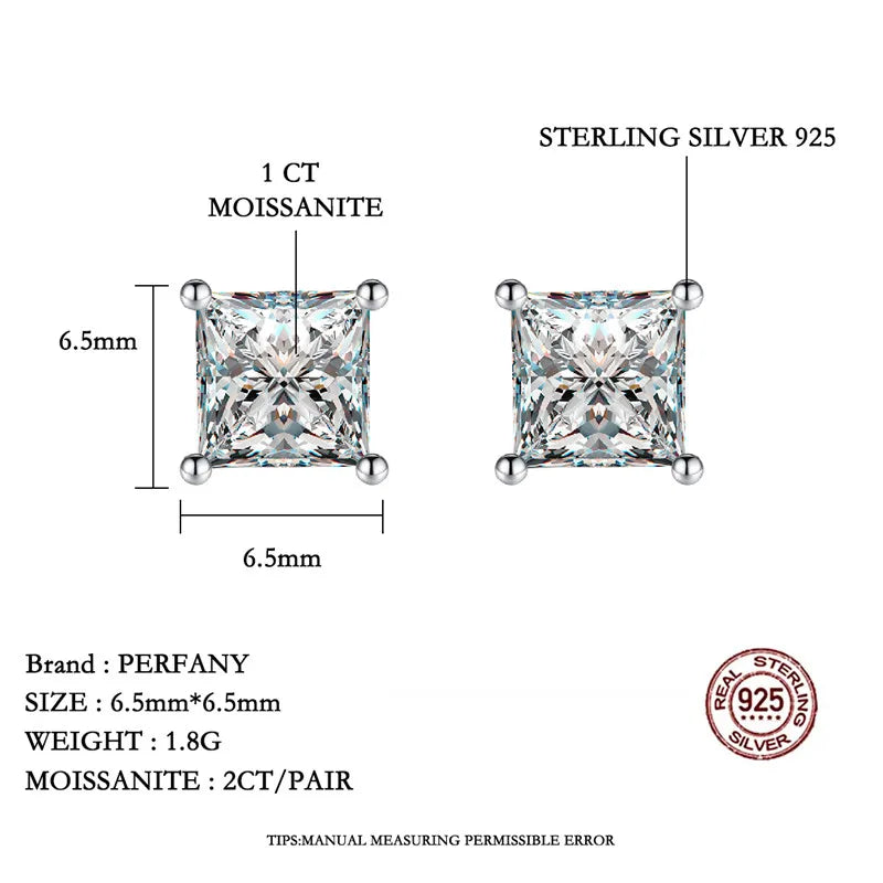 PERFANY 0.6-2CT Moissanite Earrings for Women S925 Pure Silver Square Cut Simulated Diamond Earrings Wedding Jewelry