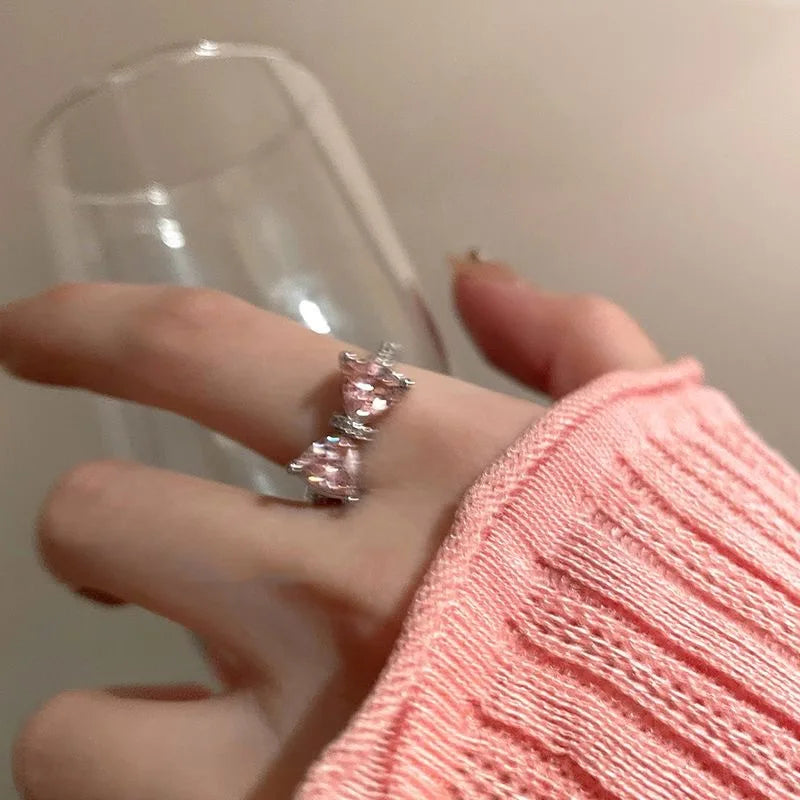 Pink Crystal Bow Knot Ring - Silver Plated Adjustable