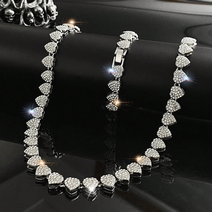 45CM New Hip Hop Tennis Chain Bracelet Necklace Shiny Heart Rhinestone CZ Fashion Rock Party Jewelry
