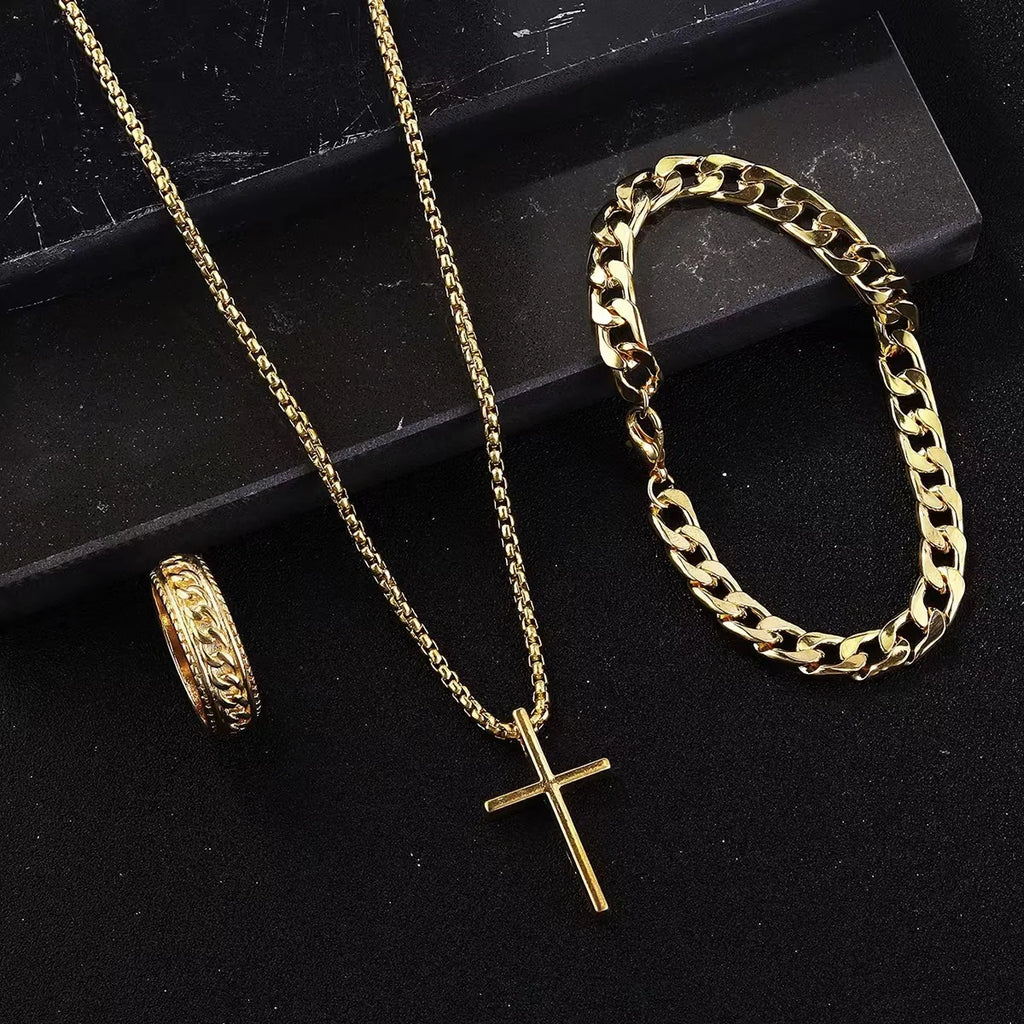 Gold/Black/Silver Cross Jewelry Set  Cuban Chain Bracelet, Ring & Pendant Necklace