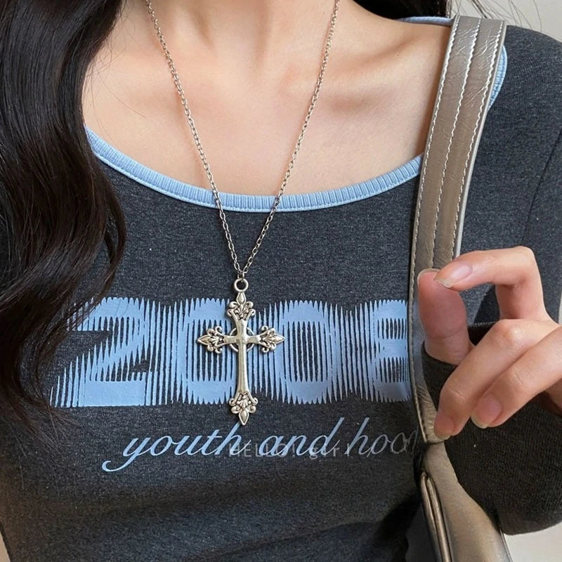 Gothic Rose Cross Pendants Necklace for Women Silver Cross Choker Y2k Hip Hop Necklace Sweater Chain Gifts