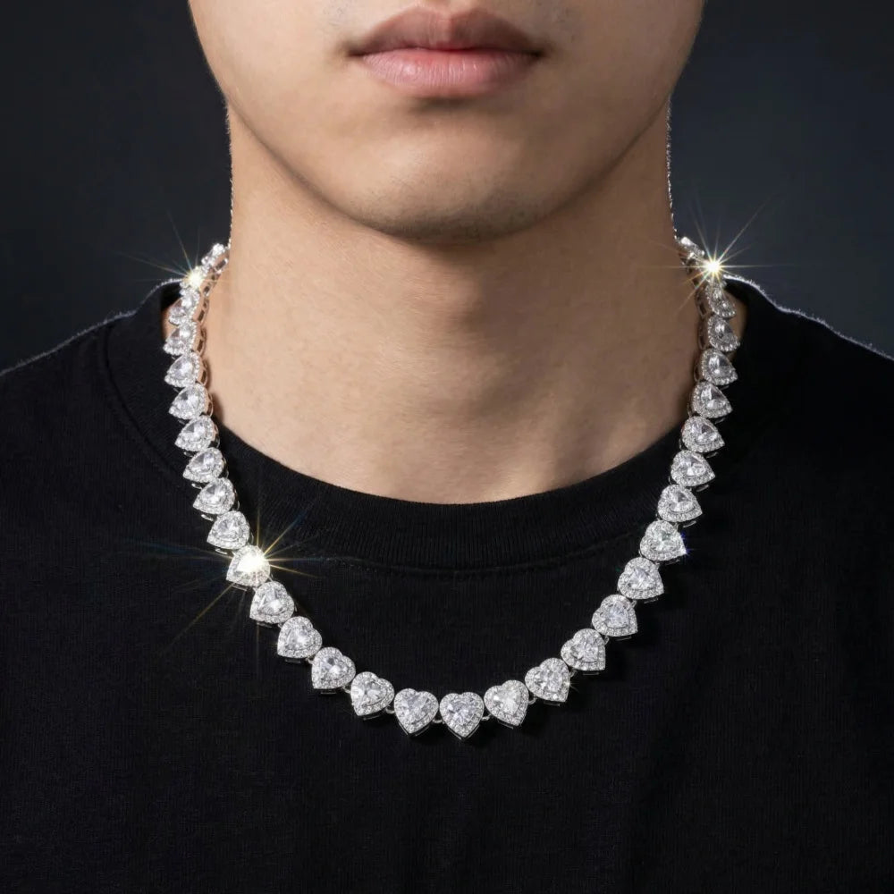 45CM New Hip Hop Tennis Chain Bracelet Necklace Shiny Heart Rhinestone CZ Fashion Rock Party Jewelry
