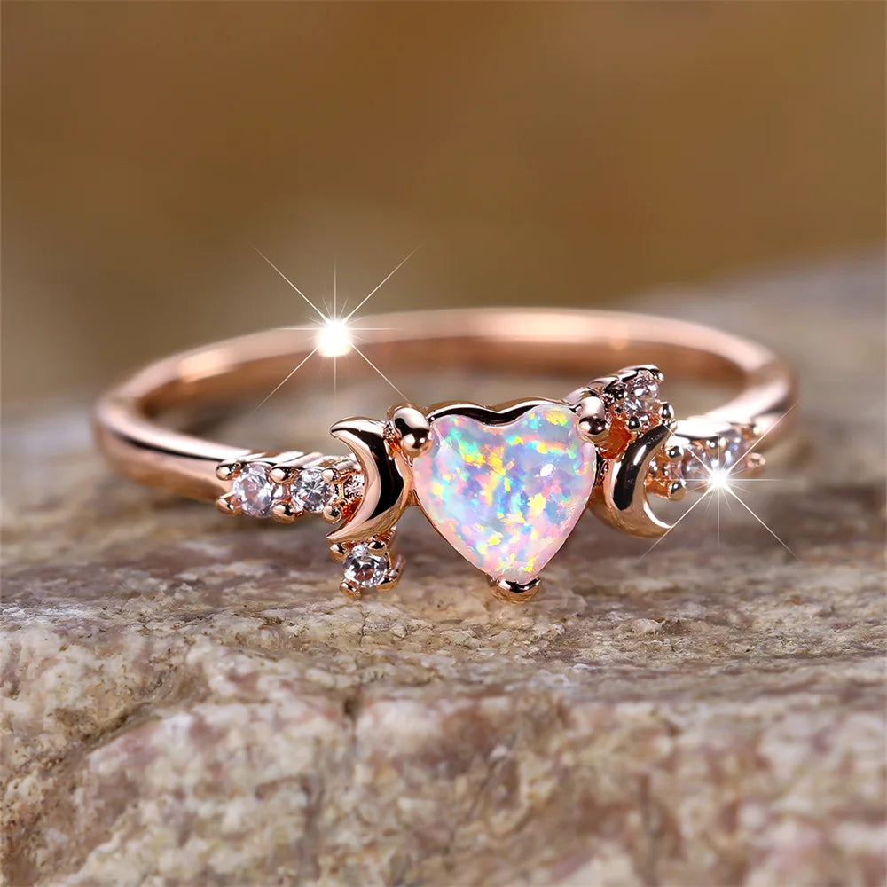White Fire Opal Heart Stone Ring Rose Gold Silver Color