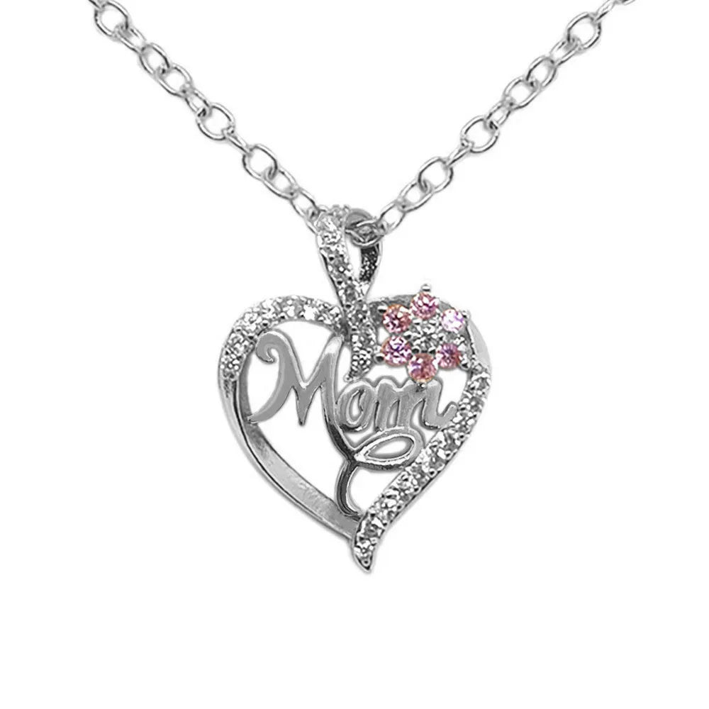 Mom Heart Necklace, Rhinestone Heart Pendant