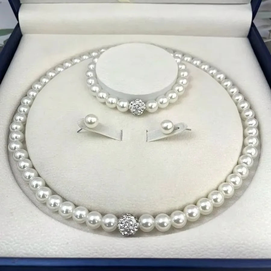 Faux Pearl Necklace Bracelet Earring Stud Jewelry Set