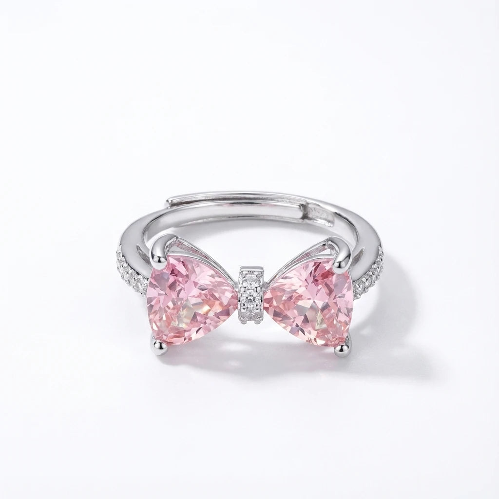 Pink Crystal Bow Knot Ring - Silver Plated Adjustable