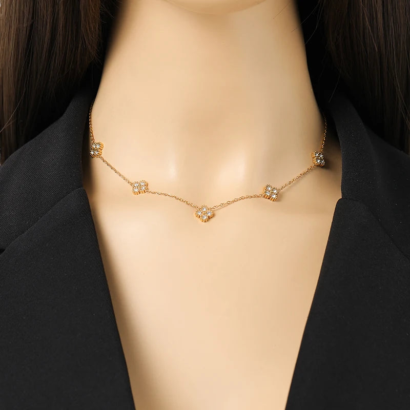 Clover Zircon Necklace Bracelet Earrings Set