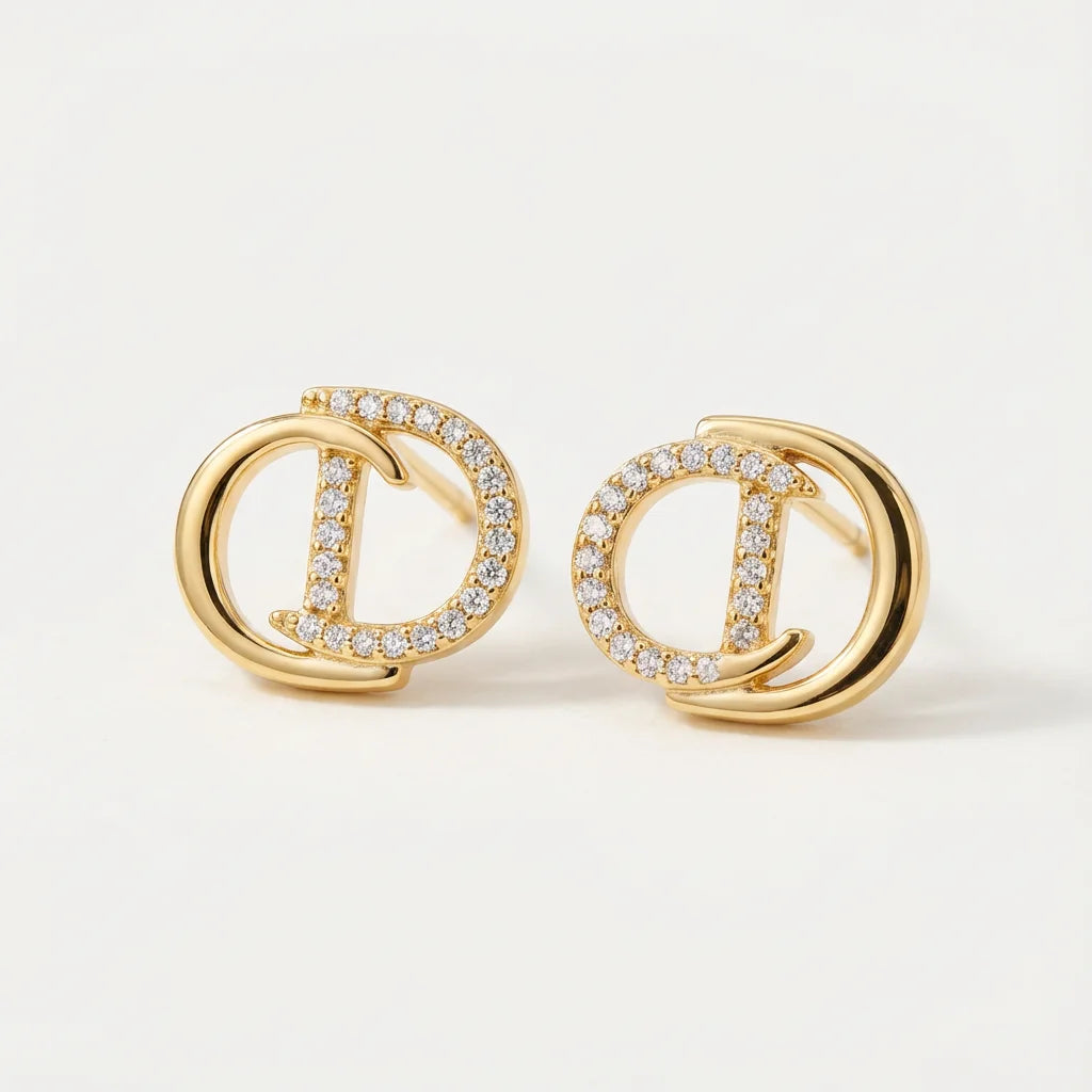 Minimalist Double D Rhinestone Earrings - Gold Plated Letter Stud Jewelry for Women Luxury Versatile Daily Accessories