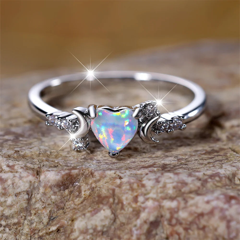White Fire Opal Heart Stone Ring Rose Gold Silver Color