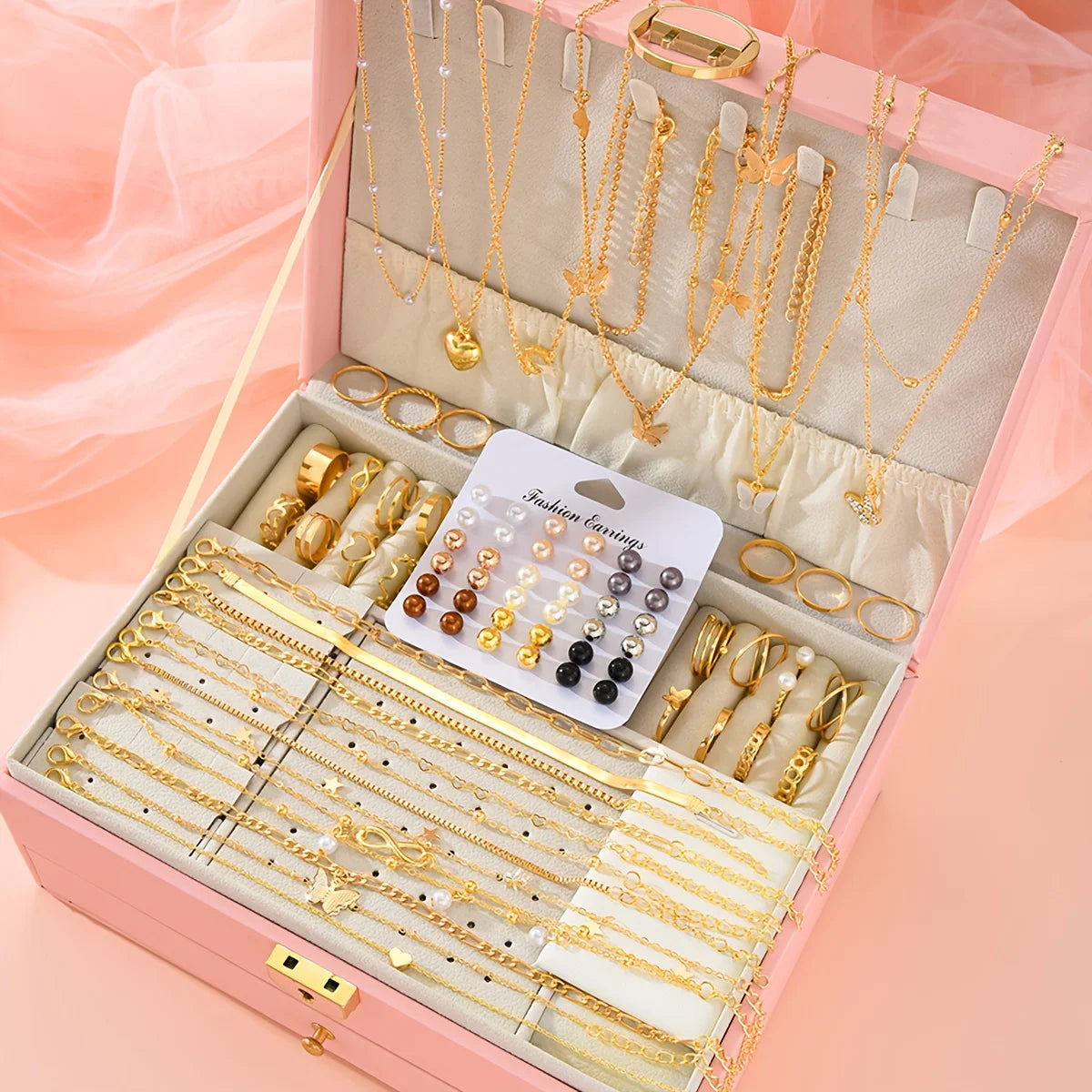 Pearl Geometric Earrings Necklace Bracelet Ring Jewelry Set